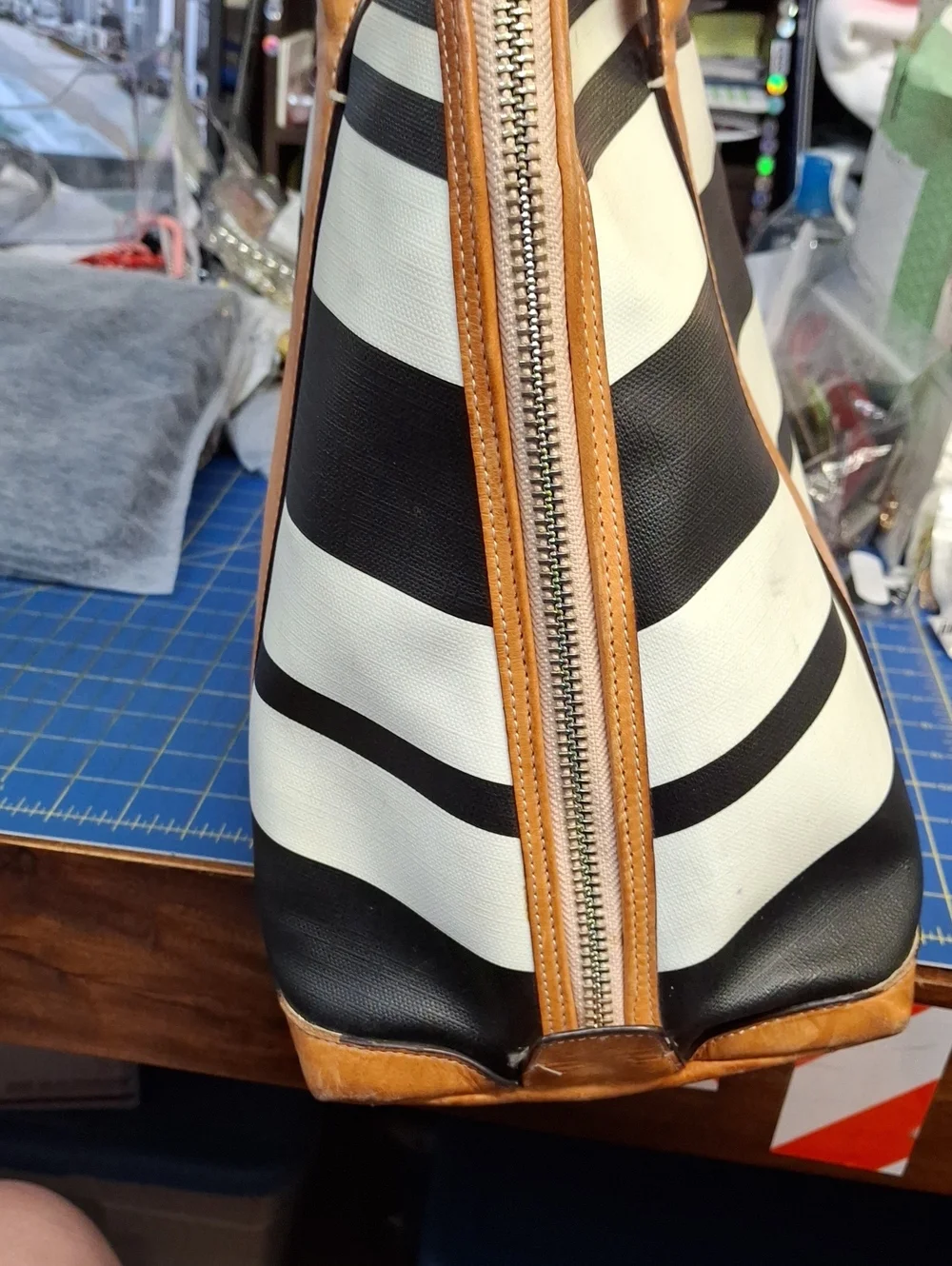 COACH Black & White Striped Tote with Tan Leather Trim Preloved